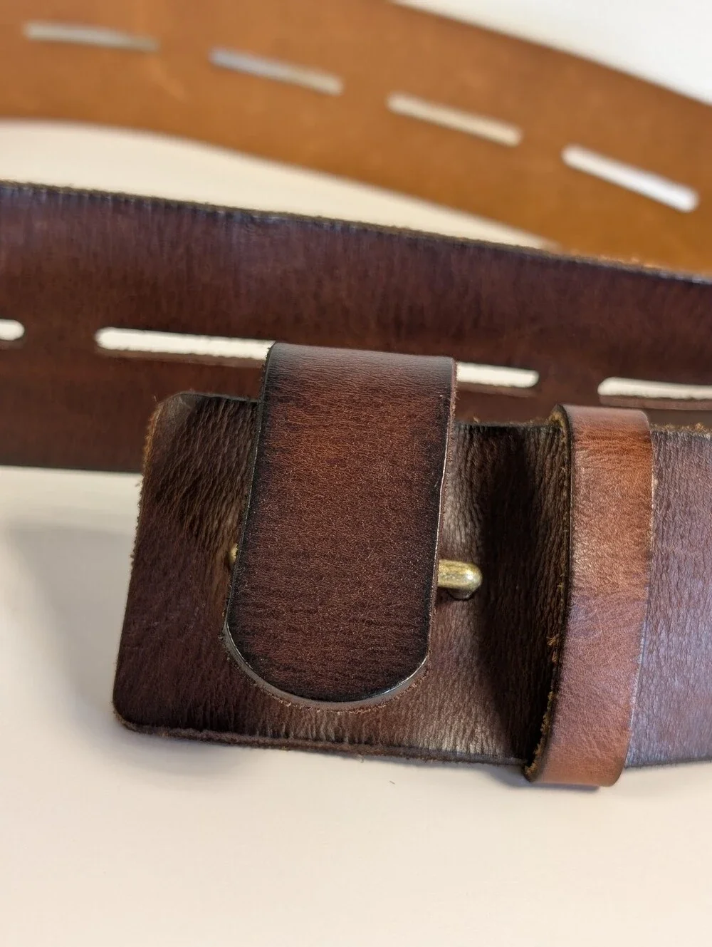 CAbi Here or There Belt 3298 Medium Brown Leather Wide Slotted Brass 45”